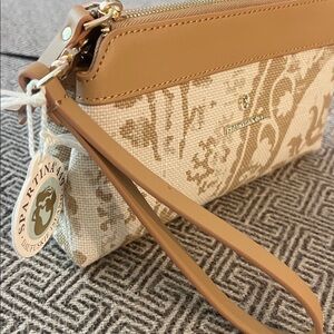 Spartina 449 Tan and Cream Patterned Canvas Wristlet with Leather Trim